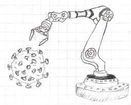 Illustration of a robotic arm and SARS-CoV-2 virus.